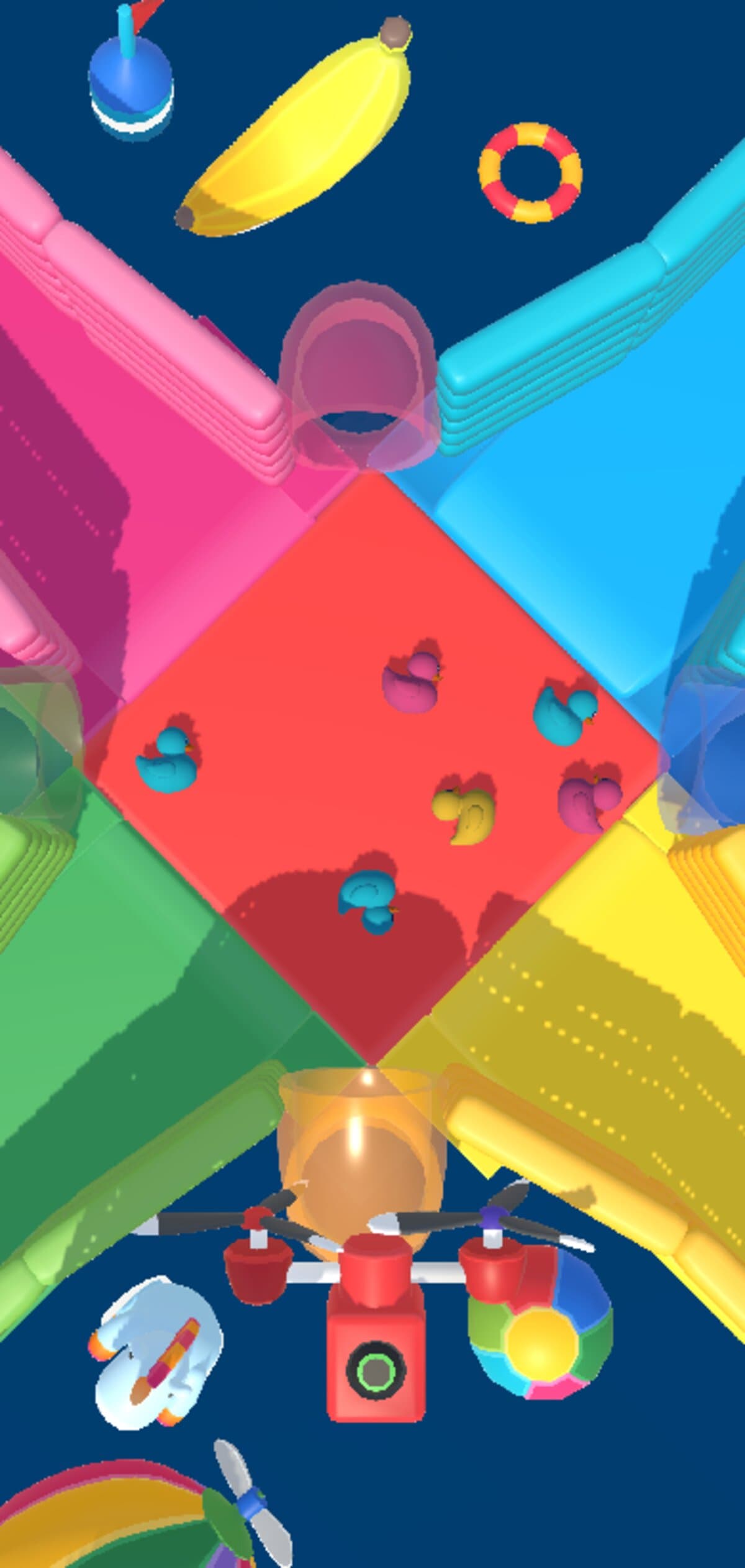 Chuck a Duck — top-down 4-lane arena with colored ramps, a banana, a drone and rubber ducks